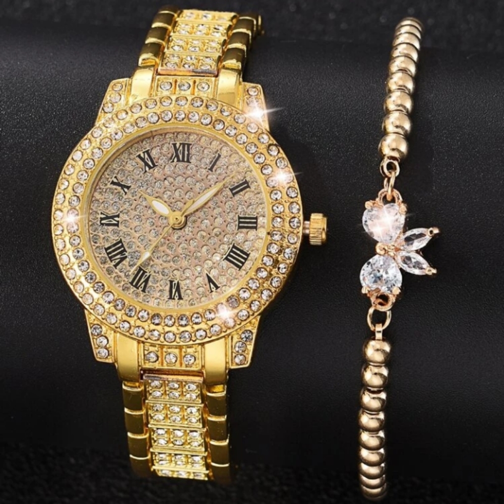 GOLD BLING DIAMOND WATCH AND CRYSTAL BUTTERFLY BRACELET SET